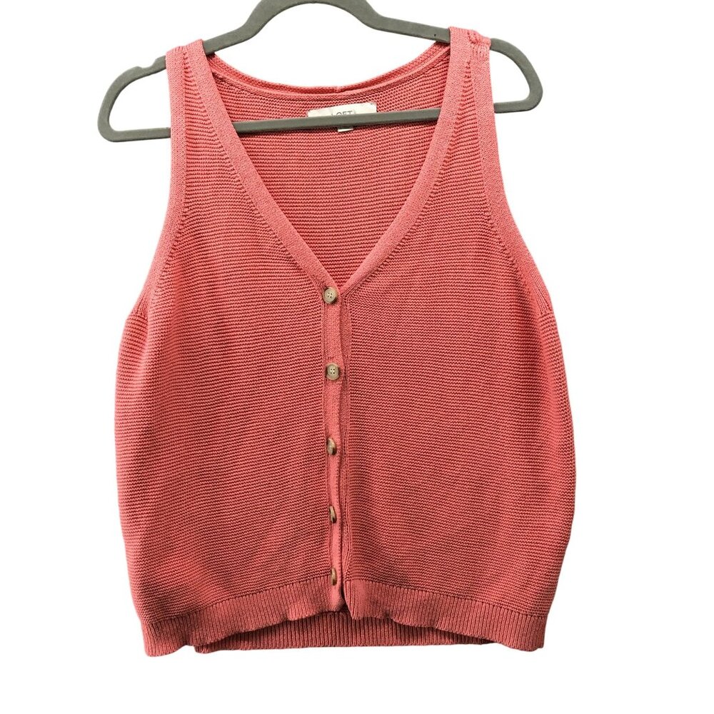 Loft‎ Sweater Vest Cardigan Womens L Pink V-Neck Button Front Cotton Sleeveless